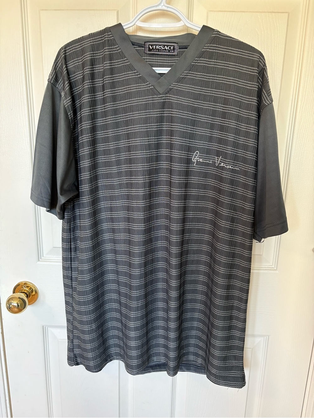 Vintage Versace Jeans Couture Striped V-Neck Shirt XXL Gray Cotton
